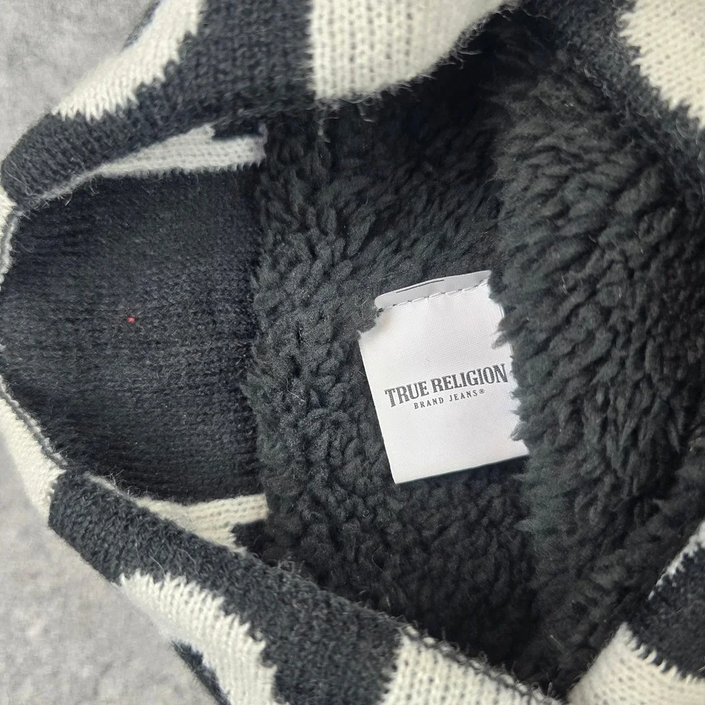 True Religion Beanie Unisex OS Black White Checkered Logo Faux Fur Lined Hat